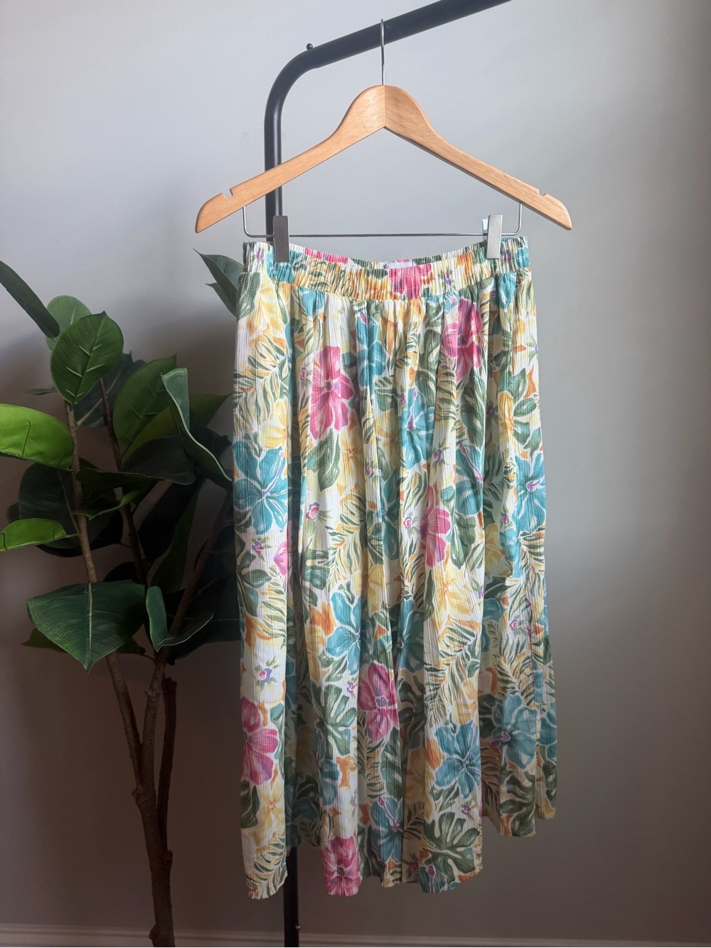Floral Pleated Midi Skirt in Teal, Pink & Yellow